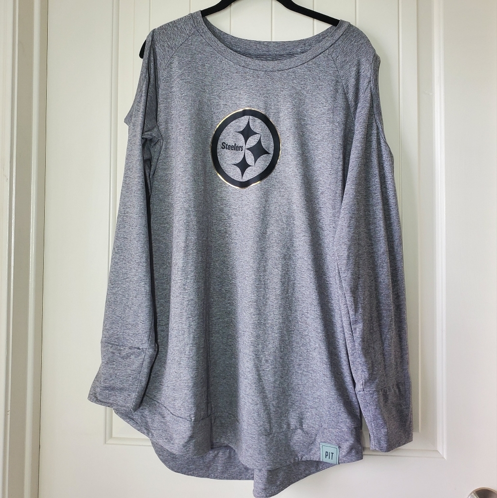 Womens Pittsburgh Steelers long sleeve top in gray with cold shoulders size XL